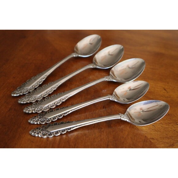 Orleans Silver Black Scroll Floral 5x Dinner Teaspoon Spoon Lot Stainless Japan - Picture 8 of 8